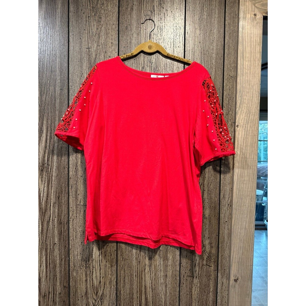 Quacker Factory Lace Sleeve Knit T-shirt with Faux Pearl Detail